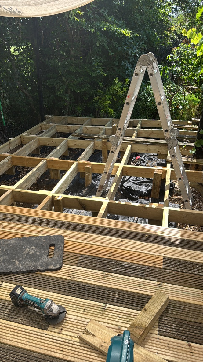 Timber decking subframe and boards during construction